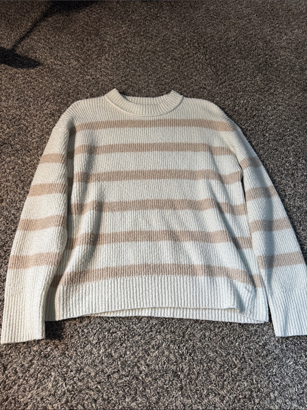 American Eagle Outfitters Cream and Tan Striped Crewneck Sweater